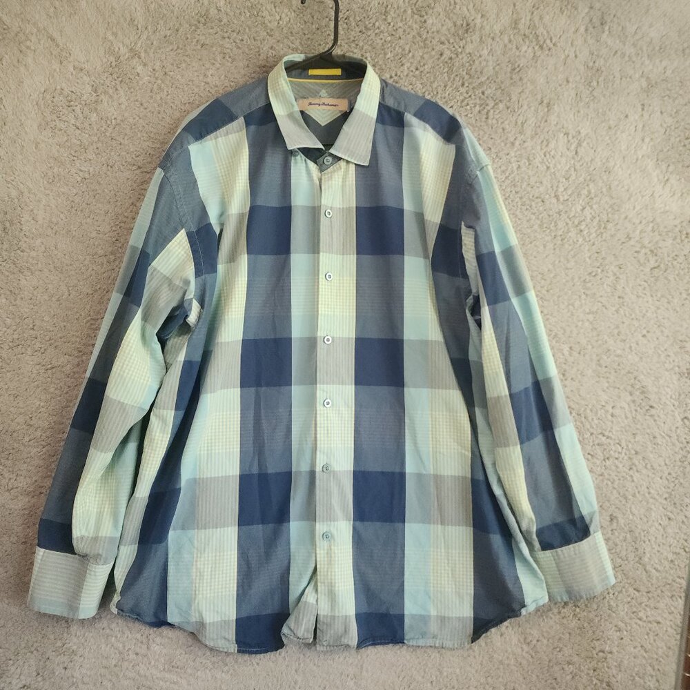 Tommy Bahama Mens Shirt Size XXL Blue Plaid Cotton Silk Long Sleeve Button Up